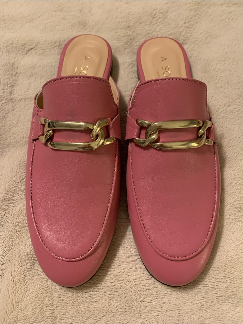 A. Soliani Pink Leather Chain-Trim Slip-On Mules